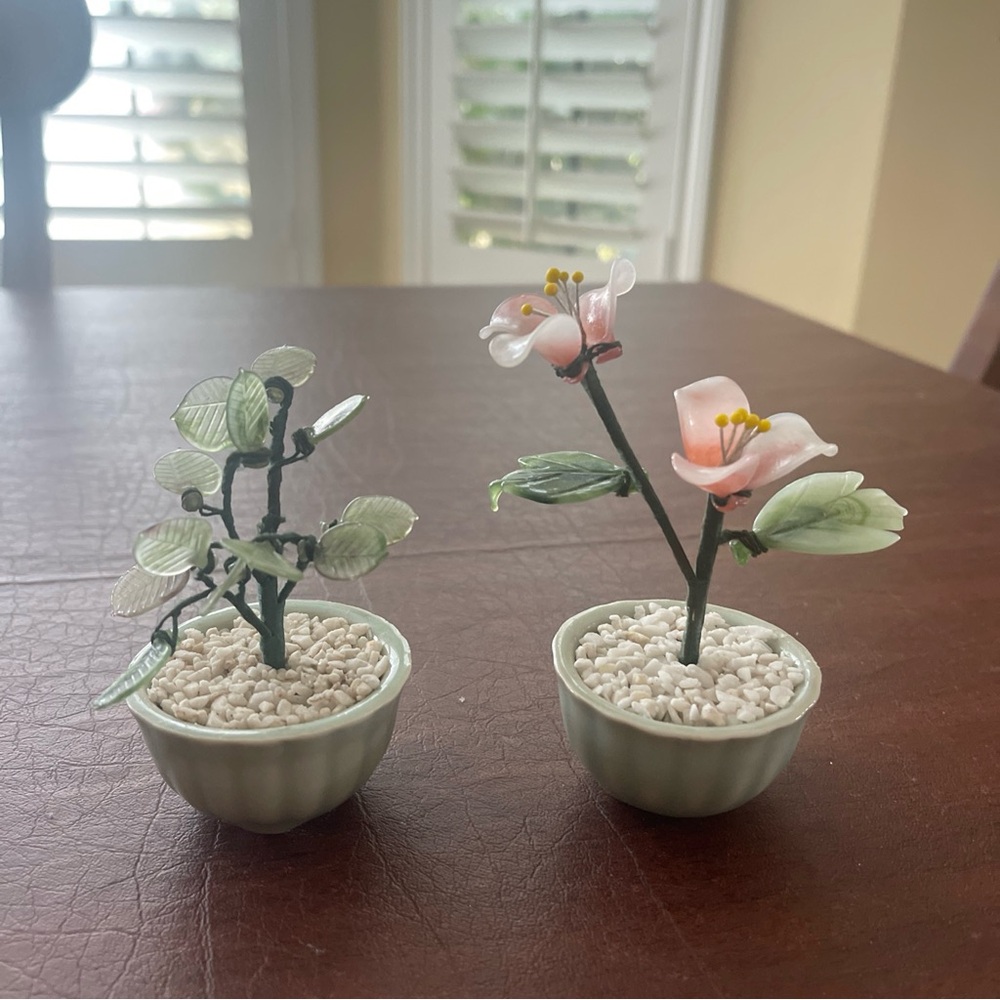 VTG Set Of 2 Chinese Glass Bonsai Trees; (Peach Flowers & Green Plant);Mini 4”H